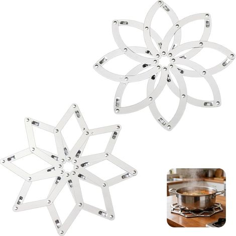 Lot de 2 Dessous de Plat en Acier Inoxydable, Extensible 17-21,5cm, Design Flocon et Fleur, Dessous de Plat en Métal Résistant à la Chaleur pour Marmite et Bol, Soucoupe Pot Cuisine - Argent (1/5)