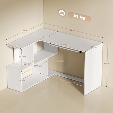 Bureau d'angle moderne (blanc) avec un plateau coulissant pour clavier et une bibliothèque à quatre niveaux. (1/5)