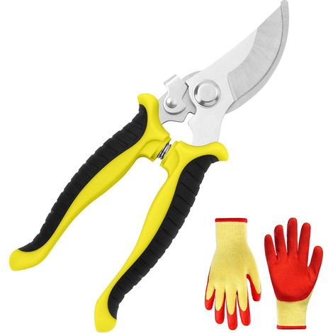 Sécateur à Lame Franche Professionnel Avec Paire de Gants - Pour Brindilles et Branches Bigneuses, Tailler Jardins, Arbustes, Clôtures (Jaune) (1/5)