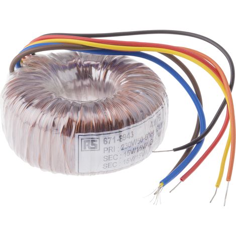 Rs Pro – Transformateur torique 2 sorties 230V c.a. 2 x 15V c.a. 30VA – Courant 1A – Pour tableau électrique – Usage professionnel (1/2)