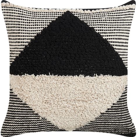 Cojín de algodón beige negro 50 x 50 cm hecho a mano patrón geométrico Khora (1/5)