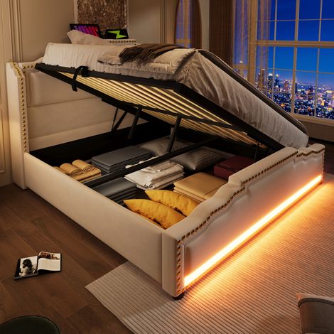 Lit coffre capitonné 140 x 200 cm - avec USB fonction de recharge et LED au pied du lit - Beige