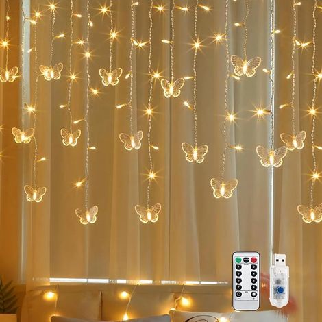 Rideau lumineux en forme de papillon - 3,5 m - 96 LED - Décoration de printemps - Rideau lumineux d'intérieur - 8 modes - Guirlande lumineuse avec télécommande - Minuterie - Pour décoration de (1/5)