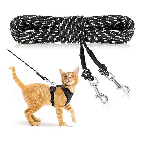 Laisse Réfléchissante pour Chat, 15 m x 5 mm, Noir Corde nylon réfléchissante, mousquetons rotatifs, Jardin dressage (1/5)