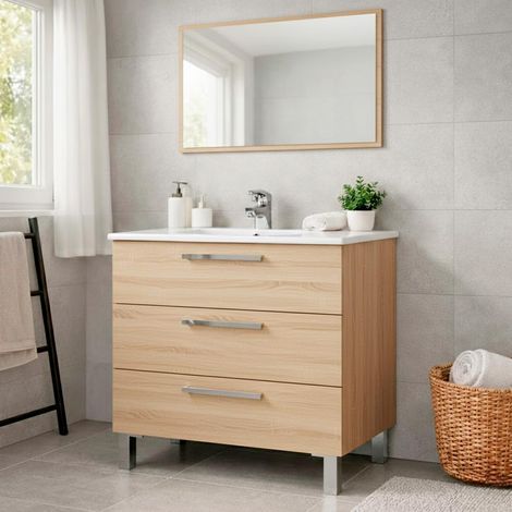 Mobile Bagno A Terra Con 3 Cassetti Lavabo In Ceramica E Specchio 77 x 50 Cm Inclusi Design Moderno Salvaspazio Elegante E Funzionale 80 x 45 x 86 Cm Colore Rovere Chiaro - Colore: Rovere Chiaro