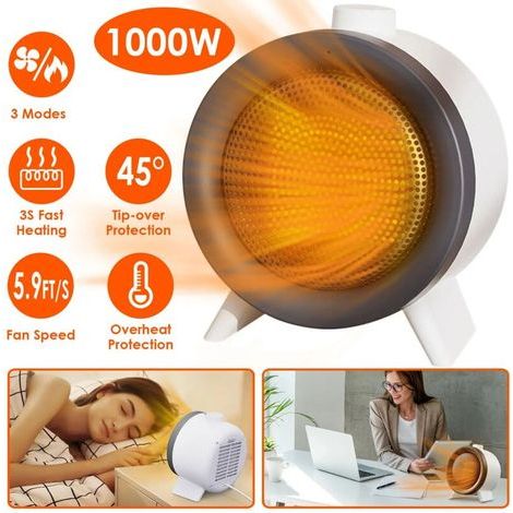 Chauffage d'appoint avec protection contre la surchauffe, ventilateur et chauffage 2 en 1, radiateurs électriques en céramique de 1000 W, sûrs et silencieux, chauffage électrique portable à chauffage (1/3)