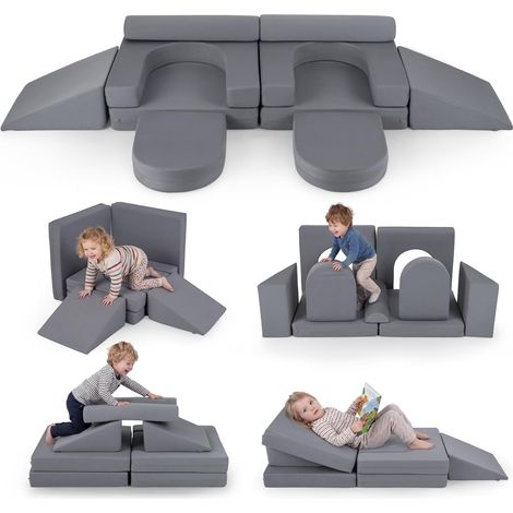 10 x Canapés modulables pour enfants en mousse et tissu suédé doux, canapé convertible 3 places avec housses amovibles et lavables, fauteuil (gris) (1/5)