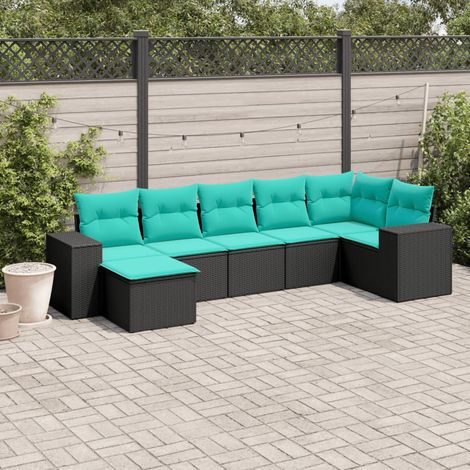 7-teiliges Gartensofa-Set mit Kissen, schwarzes Polyrattan (1/5)