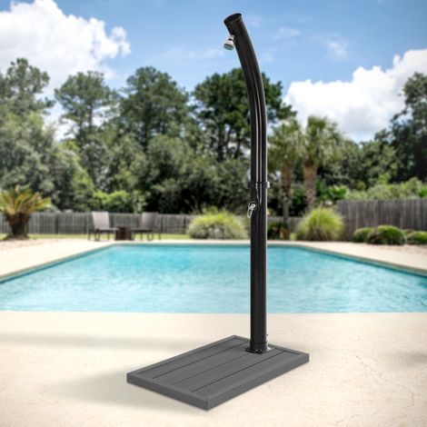 ML-Design Doccia Solare da Giardino Rotonda Curva Nera 222 cm 20 L a Pedale Acqua Calda max. 60°C Senza Elettricità con Attacco Tubo Doccia Esterna per Piscina + Base Piatto Pedana in WPC Grigio Scuro (1/5)