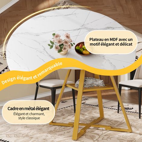 Table à manger ronde (1 pièce), table de cuisine et de petit-déjeuner, pieds en métal, aspect marbre, noir/blanc (1/5)