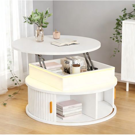 Tavolino basso rotondo sollevabile 75 cm con LED, contenitore, bianco HAVRYA (1/5)