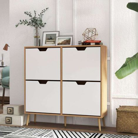 Meuble à Chaussures avec 4 Abattants et Étagères Réglables pour 16 Paires, Pieds en Bois de Pin, Design Fonctionnel pour Entrée ou Dressing, 95 x 26 x 95 cm, Naturel (1/5)
