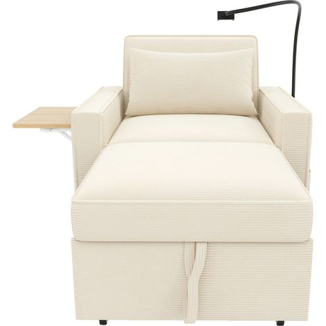 Divano letto, schienale regolabile, divano da 1 posto con supporto per telefono, 1 cuscino, mensola, porta USB, in velluto, beige (1/5)
