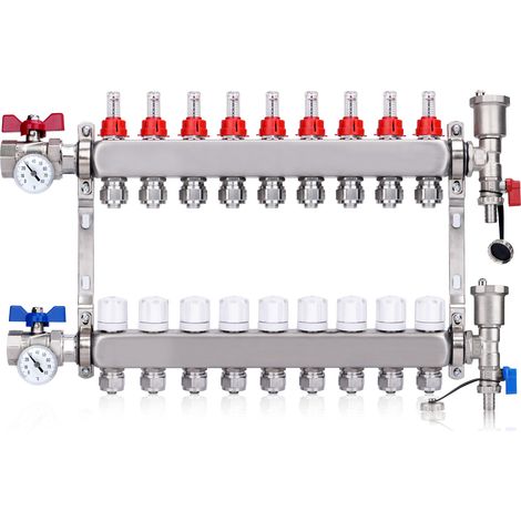 Kit Collecteur Radiateur, 9 Circuits Distributeur Chauffage, avec Thermomètreavec, avec Eurocône 3/4 (16 x 2 mm), Vannes à Boisseau Sphérique 1", avec Purgeur Manuel et Débitmètre, Distributeur HKV