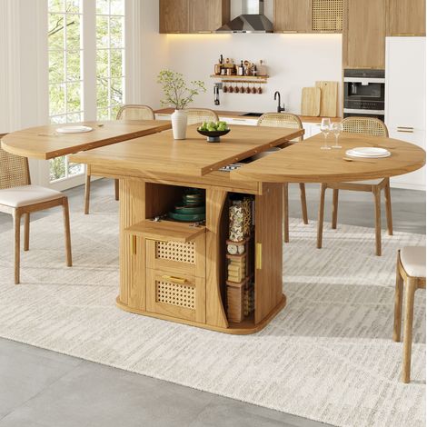 Table a manger extensible 118/158x118 cm avec rangement, design effet rotin, structure stable en MDF naturel (1/5)