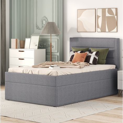 Bett Einzelbett Stauraum 90 200 Leinen Grau HAVRYA