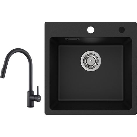 Cecipa Evier 1 Bac en Quartz et Résine 45x45cm Evier de Cuisine Evier à Encastrer 1 cuve + Mitigeur de Cuisine avec Douchette Extractible Rotatif à 360 ° Noir (1/5)