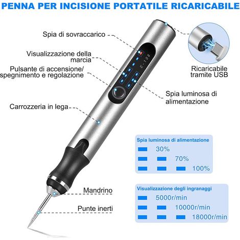 Incisore elettrico portatile, massima precisione per metallo, legno, vetro, plastica, ricaricabile tramite USB, ideale per lavori fai da te, argento - ALTRO (1/3)