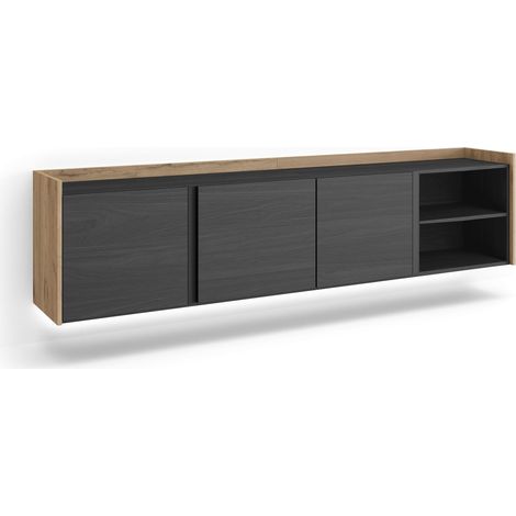 Skraut Home - Mueble TV, Televisión, Muebles de salón, almacenaje, 207x35x50cm, Para TV hasta 80", Colgado, Suspendido, LED, Estilo Moderno, Negro y roble (1/5)