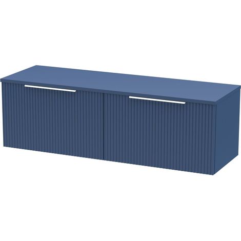 Tixall Fluted 2 Drawer Wall Hung Vanity Unit with Worktop, Satin Blue, 1200mm