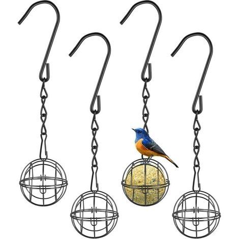 Mangeoires Oiseaux, 4pcs Métal Mangeoire Oiseaux Exterieur avec 4pcs Crochets en Forme de S, Suspendue Sphériques Boule de Graisse Bird Feeder pour de la Maison Le Jardin la Faune (Noir) (1/4)