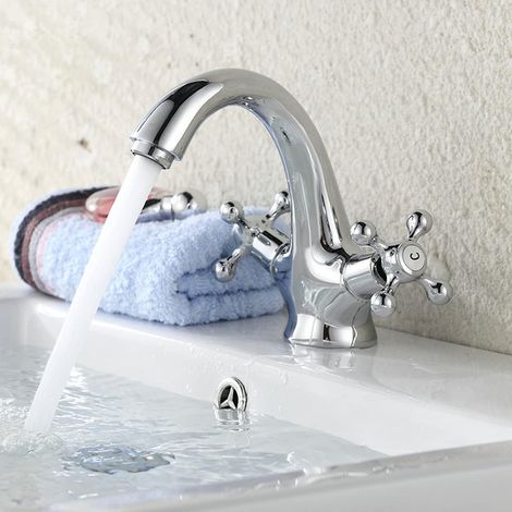 Robinet lavabo salle de bain vintage, mitigeur double poignée croix, robinet laiton salle de bain, robinet vanité vintage mélangeur chaud, mitigeur vasque (1/5)