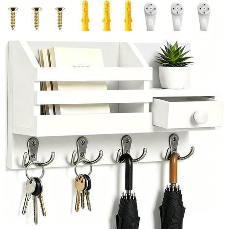 Étagère à clés avec étagère, plaque à clés en bois avec 4 crochets doubles et tiroir de rangement, porte-lettres pour le mur, étagère murale pour porte-clés, organisateur pour entrée, bureau, couloir (1/5)