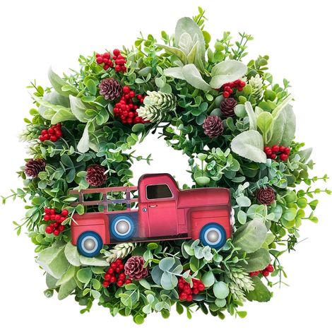 Couronne de Noël Camion Rouge avec Baies et Pommes de Pin pour Porte d'Entrée - Décoration Festive Intérieur et Extérieur (1/5)