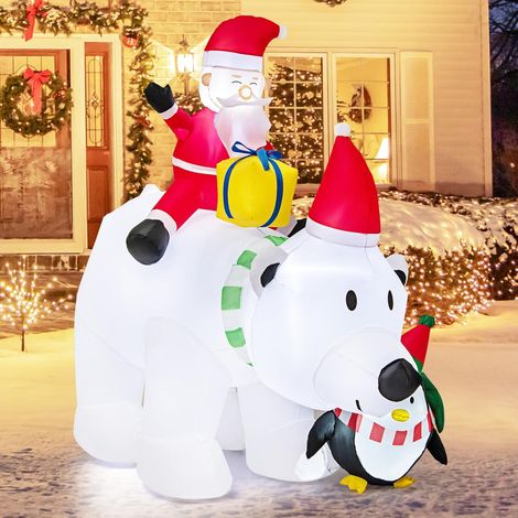 GOPLUS 2,1 MDecoration Noel Exterieur Interieur Gonflable, 210 CM Ours Polaire Pere Noel Gonflable avec Tête Secouante, Pingouin, Sacs d'eau, Piquets de SolÉclairée LED,pour Jardin, Pelouse (1/5)