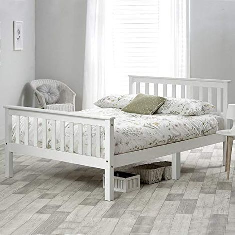 Solid Pine Wooden Frame Bed in White For Adults, Kids, Teenagers, 4ft6 135x190cm Double Bed (1/5)