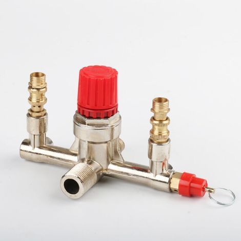 Pressure Regulating Valve, Double Outlet Tube Zinc Alloy Air Compressor Fittings Red Regulator Cap Pressure Valve Switch Manifold Part Accessories (1/4)