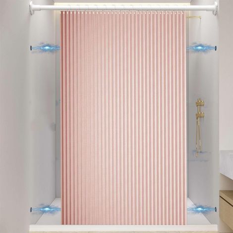 Rideau de douche magnétique en lin sans perforation, rideau de douche rose, avec crochets, fermeture rapide, anti-moisissure, 180200CM, pliable (1/5)