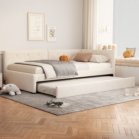 Bett Einzelbett ausziehbar 90x200 Samt Beige OKMYHOME (1/5)