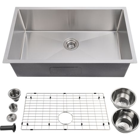 Évier sous plan en acier inoxydable 16G – Cuve distinctif profonde, finition brossée, accessoires inclus, vidange facile, anti-bruit – 30x18x10”, corps 1,35mm, rebord 2,0mm (1/5)