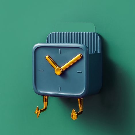 Boîte de rangement murale multifonctionnelle en PP en forme d'horloge, avec crochets, idéale pour une chambre d'étudiant ou une table de chevet (bleu). (1/5)