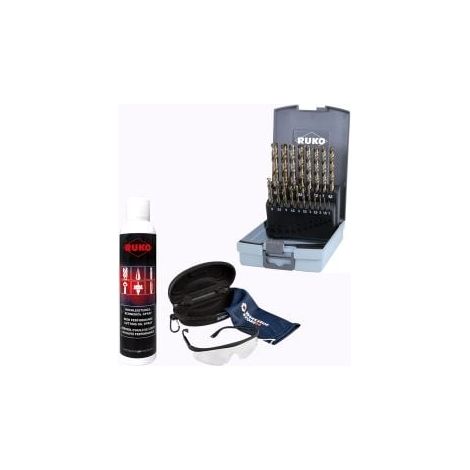 RUKO Spiralbohrer-Satz HSSE-Co 5, 19tlg., 1–10 mm, DIN 338 Typ VA inkl. Spray & Schutzbrille - WZS215214RO