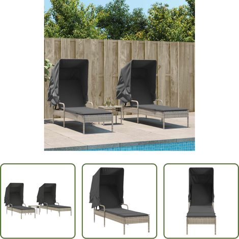 Sonnenliege mit Dach - Sonnenliegen 2 Stk. mit Dach und Tisch Hellgrau Poly Rattan (1/5)
