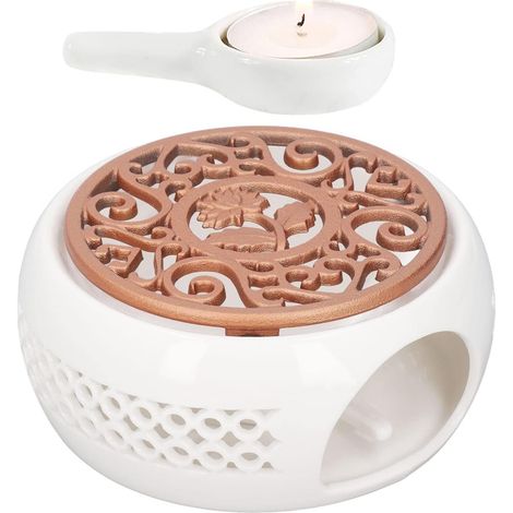 Chauffe-théière en Céramique Réchaud pour Thé avec Cuillère et Tapis de Poêle Chauffe-thé en Porcelaine Théière Réchauffeur pour Conservation de la Chaleur Café ou Lait (Blanc)