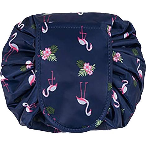 Sac de toilette paresseux de maquillage de grande capacité Voyage portable décontracté Imperméable Sac de rangement Magic Makeup parfait pour les femmes filles (Bleu foncé Flamant), (1/3)