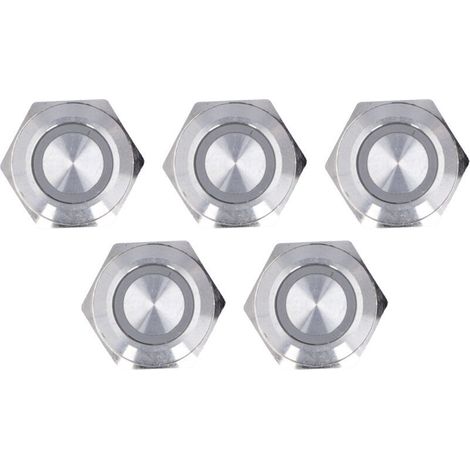 5 Interrupteurs Momentanés Bouton-Poussoir Métallique Auto-Réinitialisation Étanche LED 16mm 12-24V Blanc