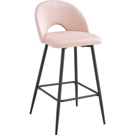Lot 2 Tabourets de Bar Teddy Velours Rose Pieds Métal Noir 47x36x98cm (1/5)
