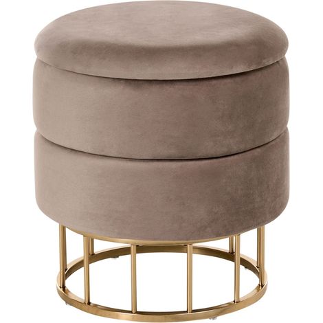 Pouf de Salon Glam avec Rangement Rond ø 37 cm Velours Taupe Doré Elgin