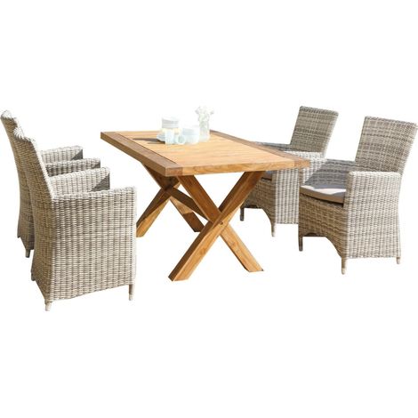Sonnenpartner 5-teilige Sitzgruppe Ikarus & Stanford 160x90 cm Polyrattan white-coral Teakholz Garte (1/3)