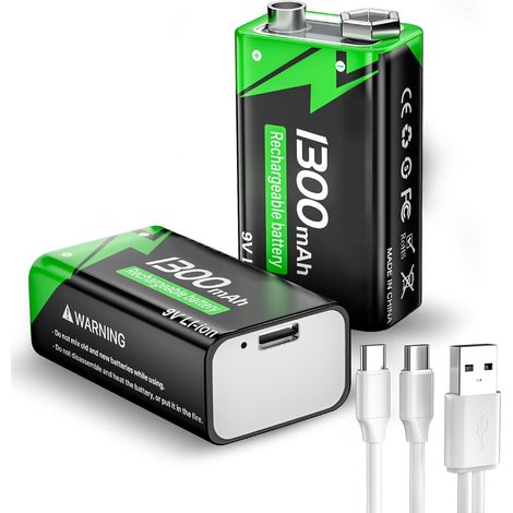 Piles 9V Rechargeables, 9 Volt Piles Carrées Lithium-ION Batteries avec Port de Charge USB-C Rapide pour Microphone, Détecteur de fumée, Jouets électroniques etc (Lot de 2) (1/5)