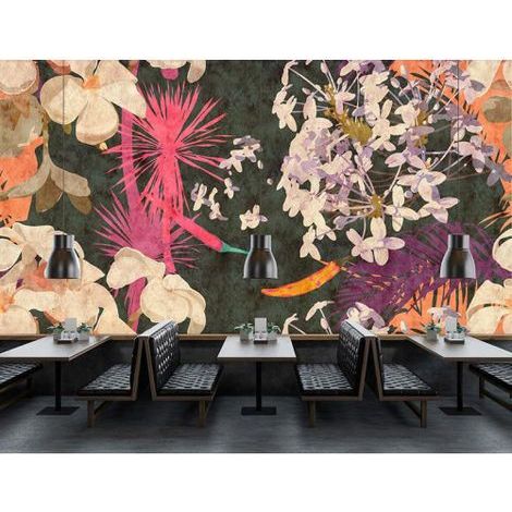 Papier peint panoramique multicolore fleurie pour cuisine Tapisserie panoramique japonaise sur fond vert Papier peint panoramique florale (1/3)