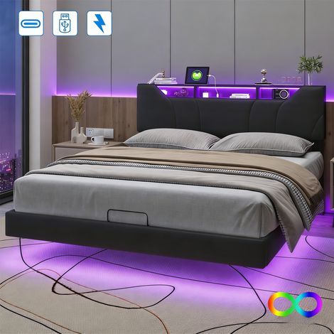 Lit coffre double adulte 160x200 cm avec tête de lit réglable, tête de lit rembourrée avec rangement, rangement hydraulique, ports de charge et éclairage LED, similicuir noir (1/5)