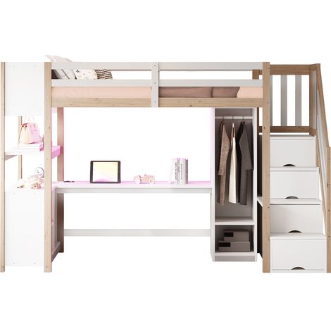 Letto a soppalco in legno massello e MDF bianco e naturale 90x200 cm con scrivania, armadio, LED e scale contenitore (1/5)