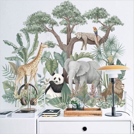 Un ensemble d'autocollants muraux amovibles représentant des animaux de la forêt tropicale, des plantes, des lions, des girafes, des éléphants et des pandas, décoration murale à faire soi-même (1/4)