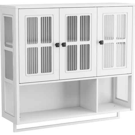 Armario de pared para baño blanco de MDF y vidrio templado, 3 puertas con barra para toallas (1/5)