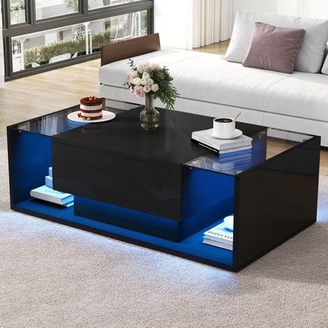 Table basse noire 100x50x31 cm avec tiroir,LED et plateau verre trempé. Finition haute brillance,design minimaliste pour le salon.